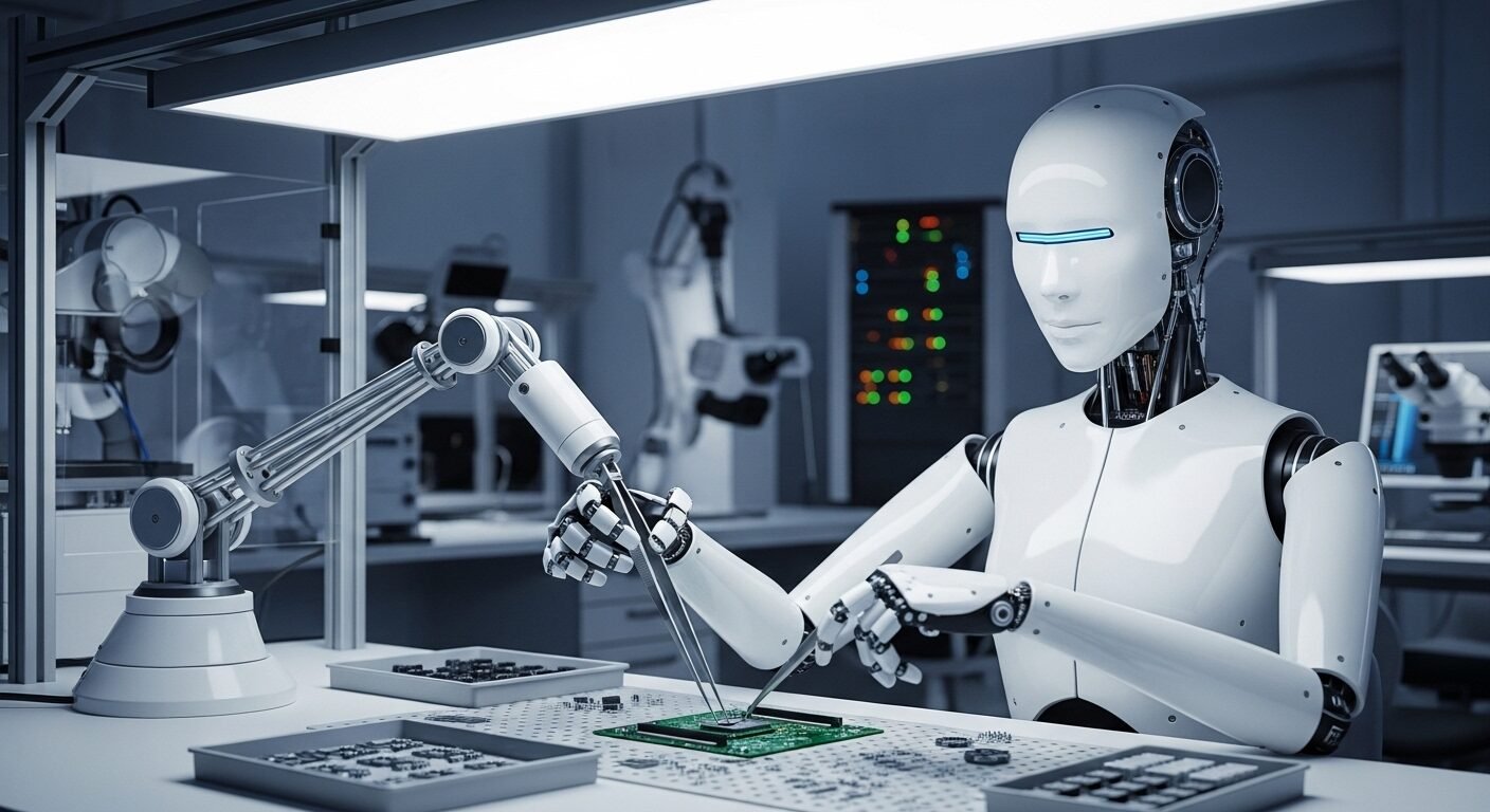 Robot humanoid trắng lắp ráp linh kiện điện tử siêu nhỏ trong phòng thí nghiệm. Một nghề độc lạ đòi hỏi độ chính xác cao của kỷ nguyên công nghệ. Robot humanoid trắng lắp ráp linh kiện điện tử siêu nhỏ trong phòng thí nghiệm. Một nghề độc lạ đòi hỏi độ chính xác cao của kỷ nguyên công nghệ.