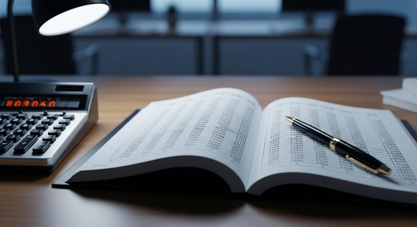 Cận cảnh sổ cái tài chính, máy tính cổ điển và bút trên bàn làm việc. Bức ảnh minh họa chi tiết công việc tài chính, kế toán – một gợi ý quan trọng khi bạn đang phân vân CHỌN NGHỀ GÌ.