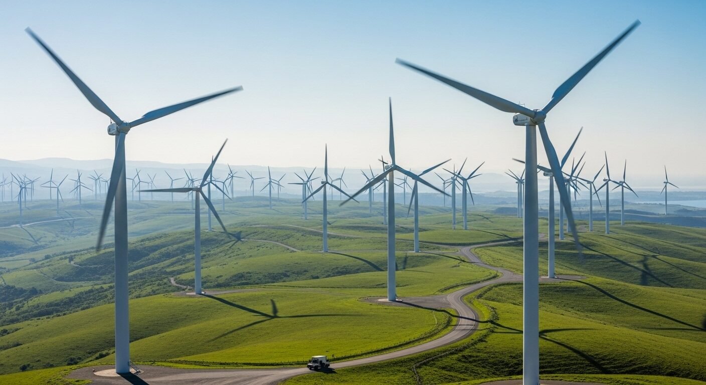 Cánh đồng tuabin gió lớn trên đồi xanh sản xuất năng lượng sạch, gợi mở hướng nghiệp bền vững trong ngành năng lượng tái tạo.