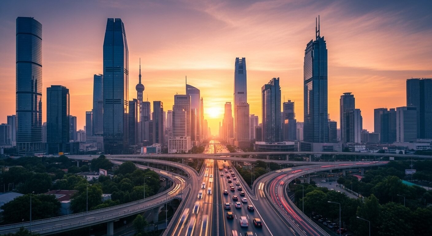 Quang cảnh thành phố hiện đại phát triển rực rỡ lúc bình minh, với đường cao tốc và tòa nhà kính chọc trời, nơi danh sách hiệp hội cùng thúc đẩy tiến bộ và mở rộng.