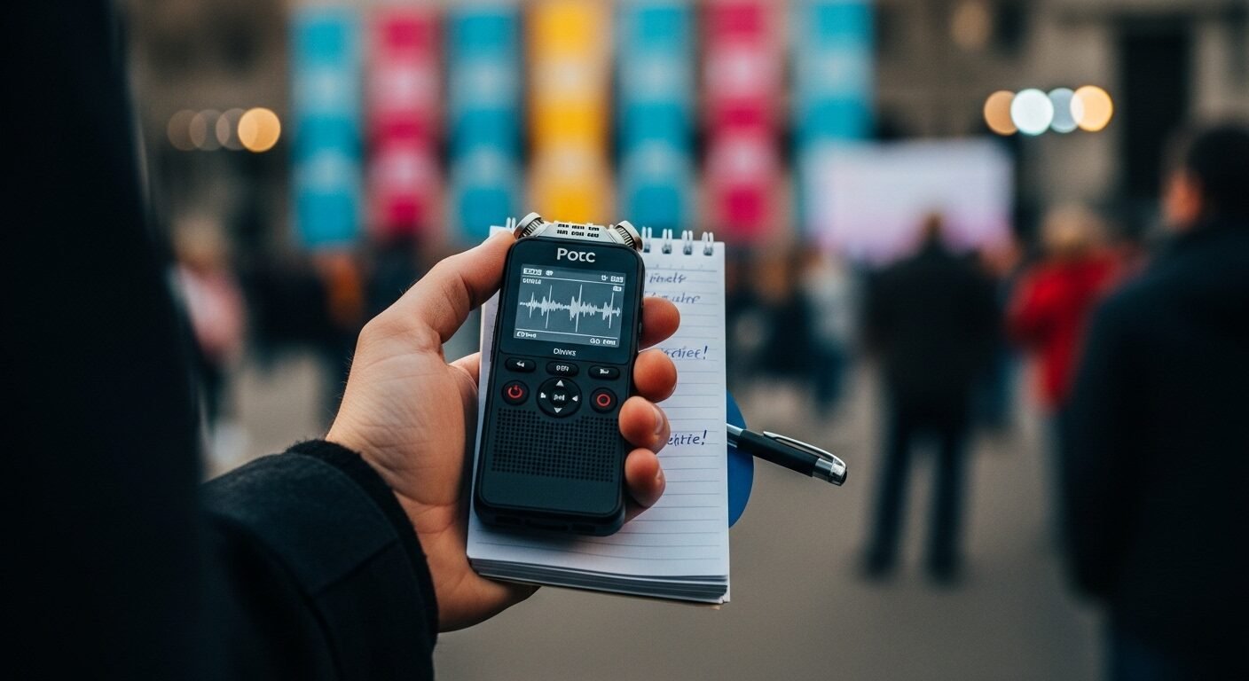 Cận cảnh tay cầm máy ghi âm kỹ thuật số và sổ ghi chép, đang tác nghiệp tại một sự kiện công cộng đô thị. Hình ảnh minh họa rõ nét công việc thực tế khi học báo chí ra trường làm gì. Cận cảnh tay cầm máy ghi âm kỹ thuật số và sổ ghi chép, đang tác nghiệp tại một sự kiện công cộng đô thị. Hình ảnh minh họa rõ nét công việc thực tế khi học báo chí ra trường làm gì.