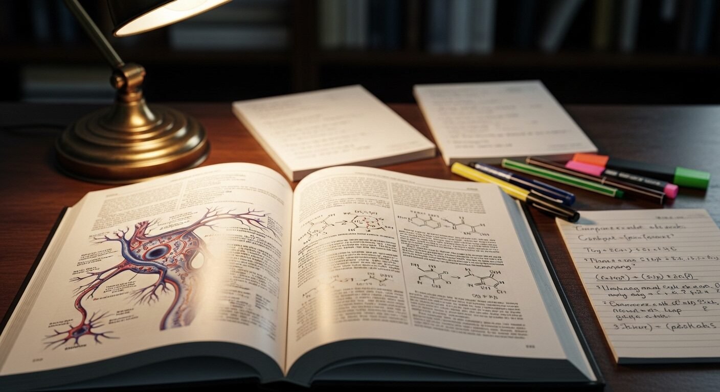 Sách khoa học mở với sơ đồ phức tạp, ghi chú và bút trên bàn học gọn gàng, được chiếu sáng ấm áp, lý tưởng cho học sinh giỏi quốc gia không thi thực hành tập trung vào lý thuyết.