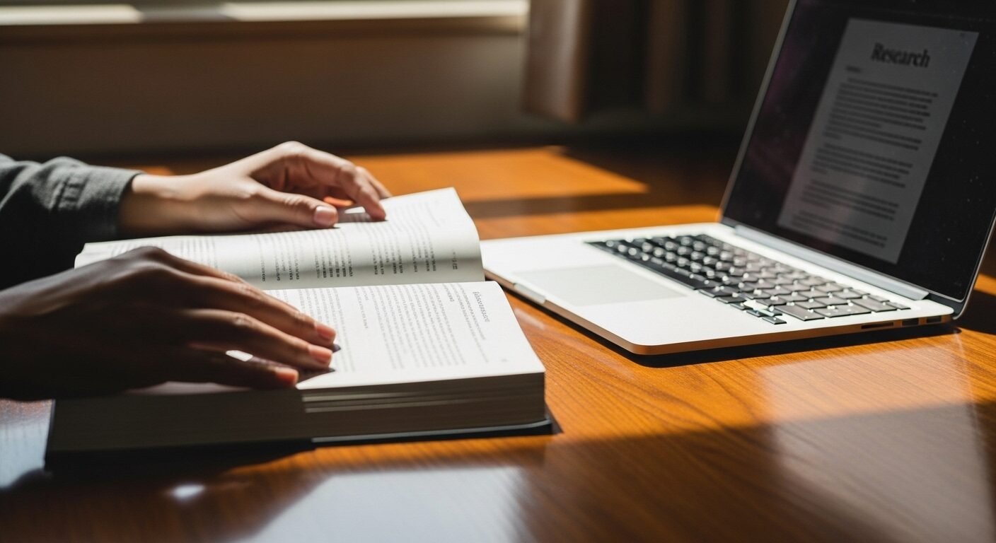 Đôi tay lật trang sách giáo khoa trên bàn gỗ, laptop hiển thị bài nghiên cứu, dưới ánh sáng tự nhiên. Khung cảnh học tập chăm chỉ cho mục tiêu học bổng. Đôi tay lật trang sách giáo khoa trên bàn gỗ, laptop hiển thị bài nghiên cứu, dưới ánh sáng tự nhiên. Khung cảnh học tập chăm chỉ cho mục tiêu học bổng.