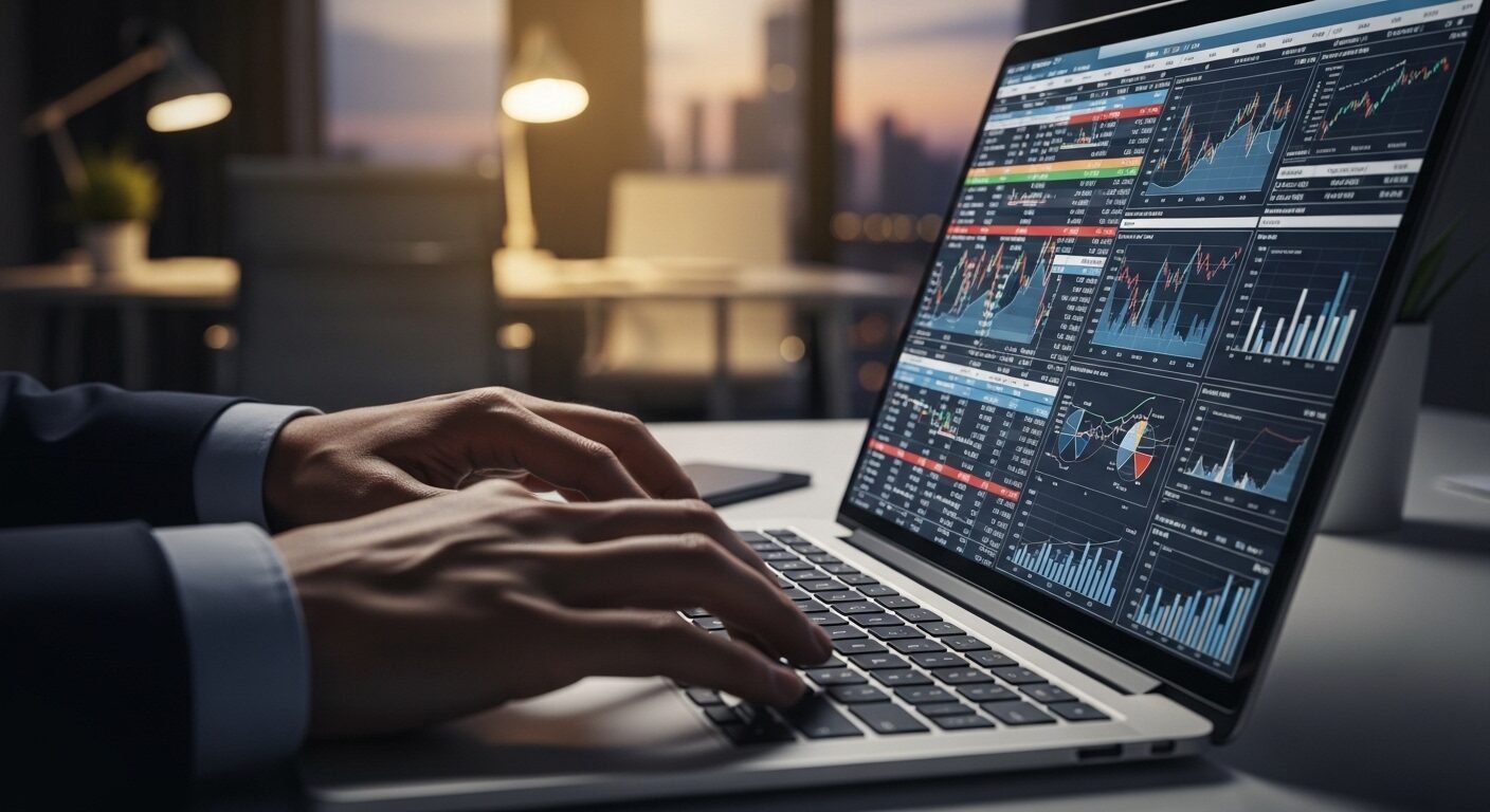 Chính xác với mô tả về hình ảnh một người đang thao tác trên laptop với dữ liệu tài chính. Chính xác với mô tả về hình ảnh một người đang thao tác trên laptop với dữ liệu tài chính.