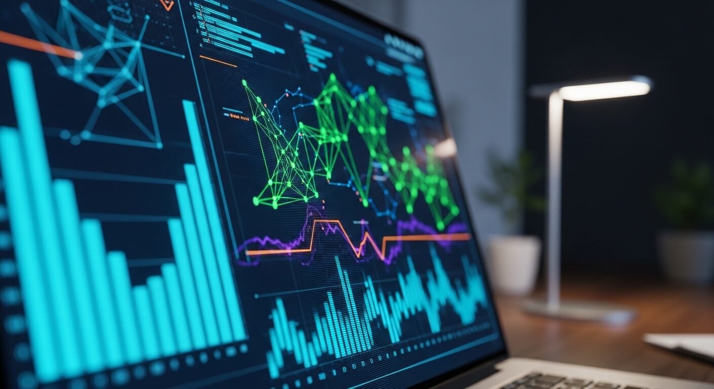 Màn hình laptop hiển thị trực quan hóa dữ liệu phức tạp (biểu đồ xanh dương, xanh lá), cung cấp thông tin quý giá cho việc định hình hướng nghiệp.