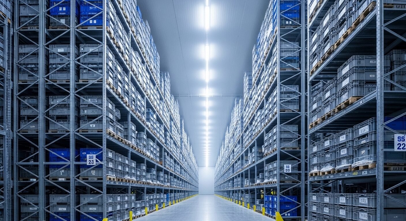 Bên trong kho lạnh công nghiệp quy mô lớn với kệ hàng cao, minh họa ứng dụng thực tế cho người học điện lạnh.