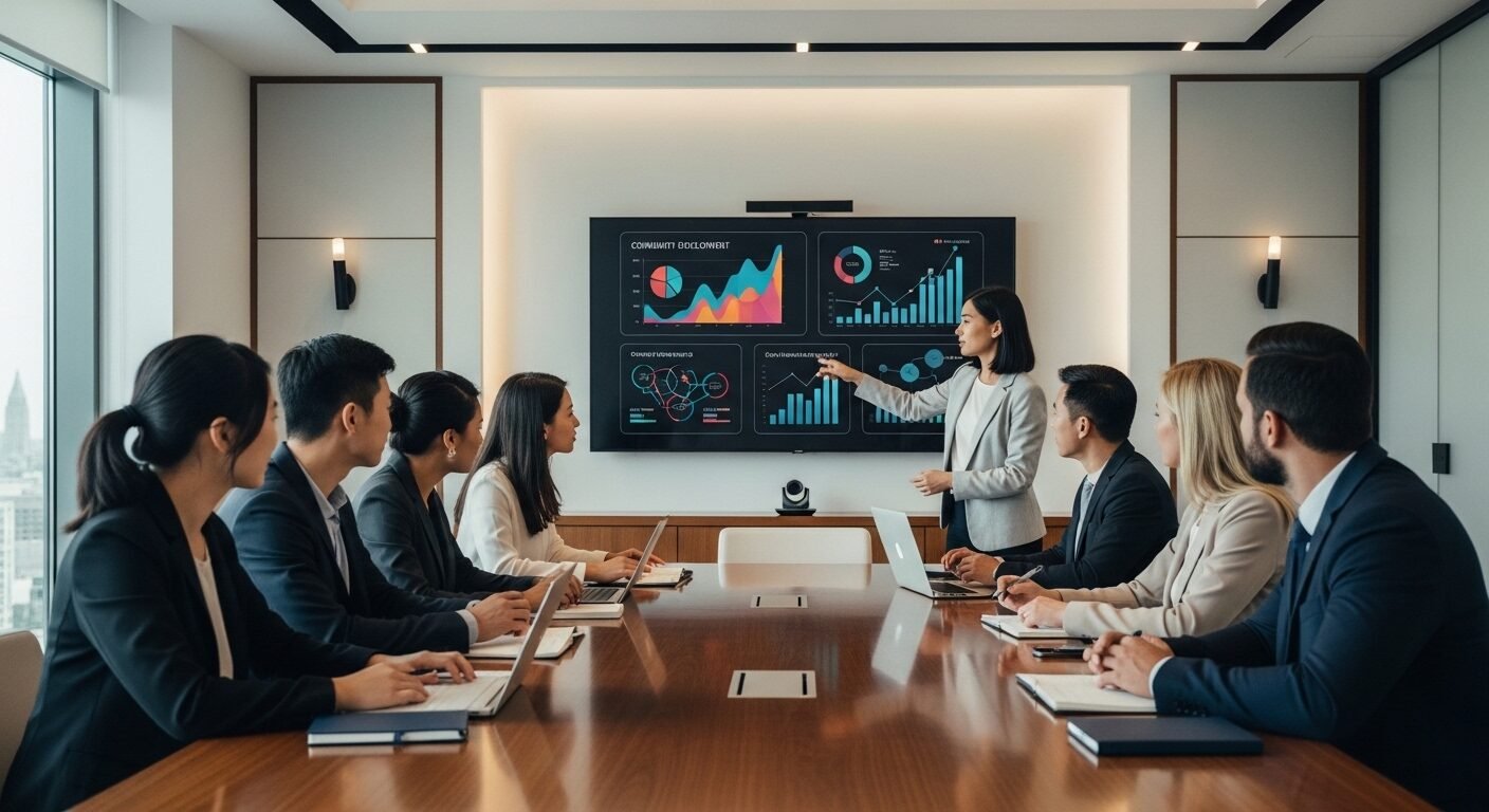 Đội ngũ chuyên gia đa dạng thảo luận ý tưởng trong phòng họp hiện đại, với màn hình hiển thị biểu đồ dữ liệu phát triển cộng đồng thuộc ngành dịch vụ xã hội.