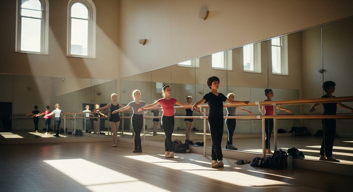 Nhóm diễn viên múa trẻ tập luyện đồng bộ tại thanh múa gỗ trong studio sáng bừng, phản chiếu qua gương tường. Hình ảnh chân thực này minh họa quá trình đào tạo chuyên nghiệp trong ngành Diễn viên múa.