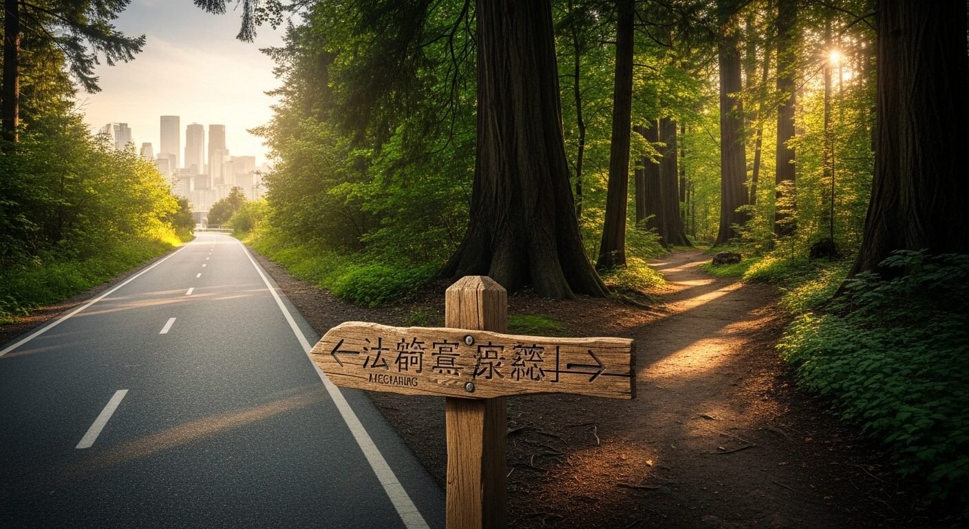 một lối trải nhựa rõ ràng và một lối mòn tự nhiên vào rừng. Minh họa cho câu hỏi lớn về tương lai, như có nên học đại học hay chọn con đường riêng của mình.