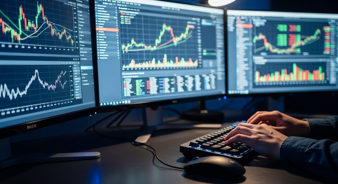 Màn hình máy tính hiển thị biểu đồ tài chính phức tạp và dữ liệu kinh doanh tăng trưởng, kèm theo đôi tay đang gõ phím, minh họa công việc thực tế cho câu hỏi học ngành Quản trị doanh nghiệp ra làm gì.