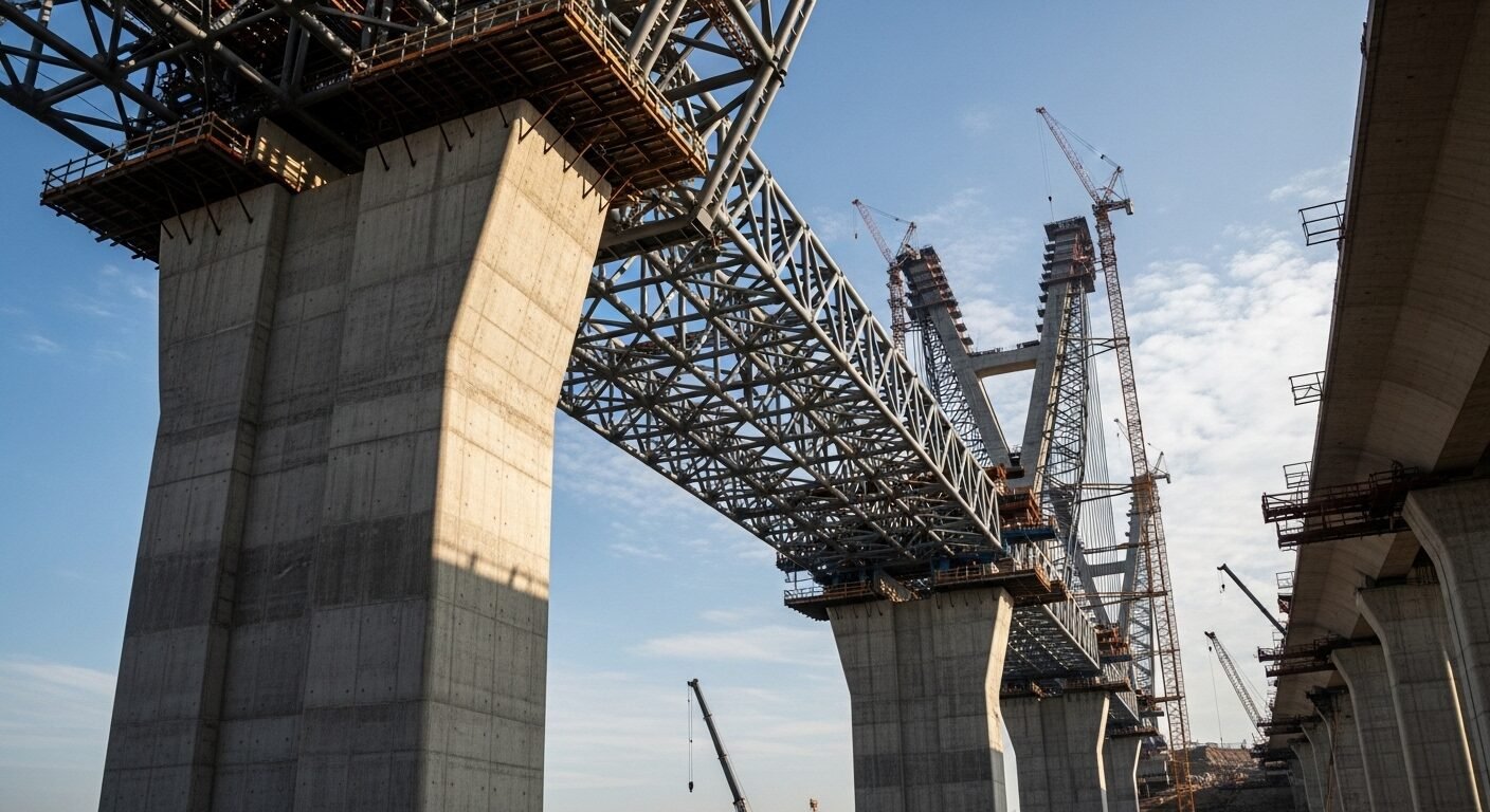 Cầu hiện đại khổng lồ đang xây dựng với trụ bê tông cao và dầm thép phức tạp, minh họa các ngành nghề lương cao trong kỹ thuật và xây dựng. Cầu hiện đại khổng lồ đang xây dựng với trụ bê tông cao và dầm thép phức tạp, minh họa các ngành nghề lương cao trong kỹ thuật và xây dựng.