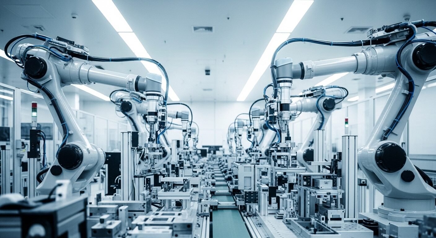 Cánh tay robot công nghiệp thực hiện lắp ráp chính xác trên dây chuyền sản xuất tự động hiện đại, minh họa rõ nét các ngành bị ảnh hưởng bởi AI.