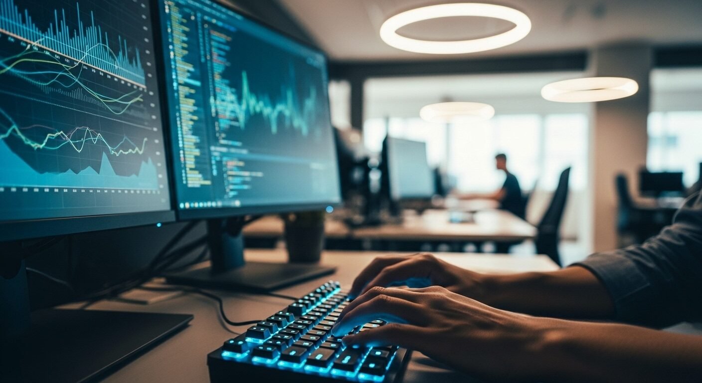 Cận cảnh đôi tay gõ bàn phím phát sáng tại bàn làm việc hiện đại, các màn hình lớn hiển thị biểu đồ dữ liệu và dòng code. Hình ảnh này phản ánh môi trường làm việc và kỹ năng quan trọng trong xu hướng nghề nghiệp TP.HCM 5 năm tới. Cận cảnh đôi tay gõ bàn phím phát sáng tại bàn làm việc hiện đại, các màn hình lớn hiển thị biểu đồ dữ liệu và dòng code. Hình ảnh này phản ánh môi trường làm việc và kỹ năng quan trọng trong xu hướng nghề nghiệp TP.HCM 5 năm tới.