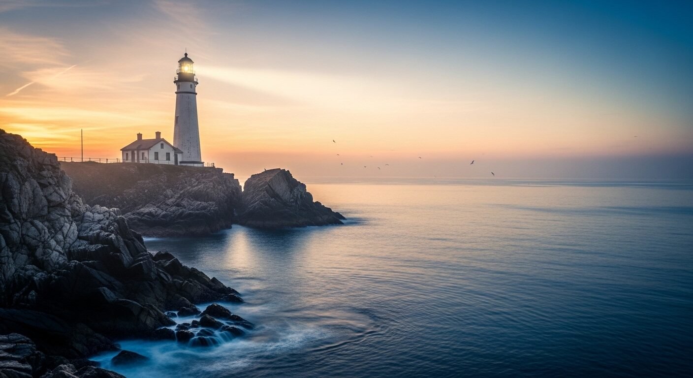 Ngọn hải đăng trắng uy nghi trên vách đá, chiếu sáng biển xanh yên bình lúc bình minh. Khung cảnh gợi cảm hứng về hướng đi cuộc đời, giúp ta suy ngẫm CHỌN NGHỀ GÌ.