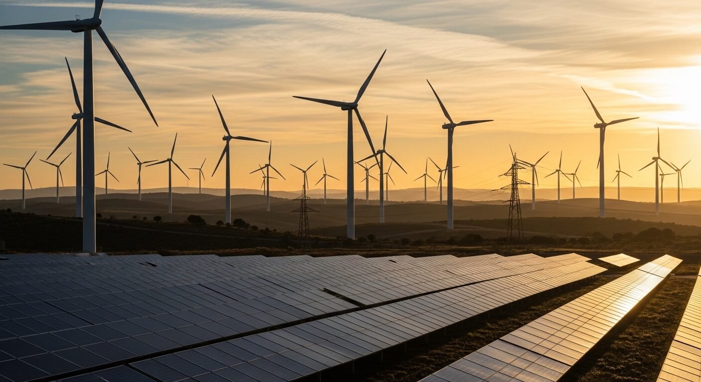 Toàn cảnh trang trại điện gió và pin mặt trời lúc bình minh vàng cam rực rỡ, minh họa rõ nét các ngành nghề triển vọng về năng lượng tái tạo.