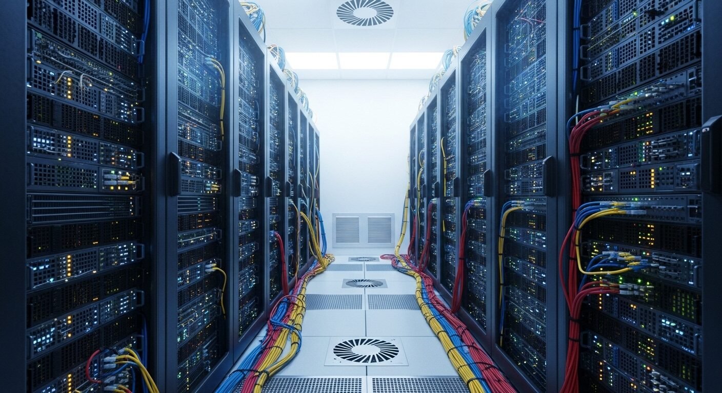 Phòng máy chủ hiện đại với hàng tủ server nhấp nháy đèn và cáp dữ liệu gọn gàng, thể hiện hạ tầng công nghệ tiên tiến quan trọng cho Những ngành nghề cần nhiều nhân lực năm 2026.