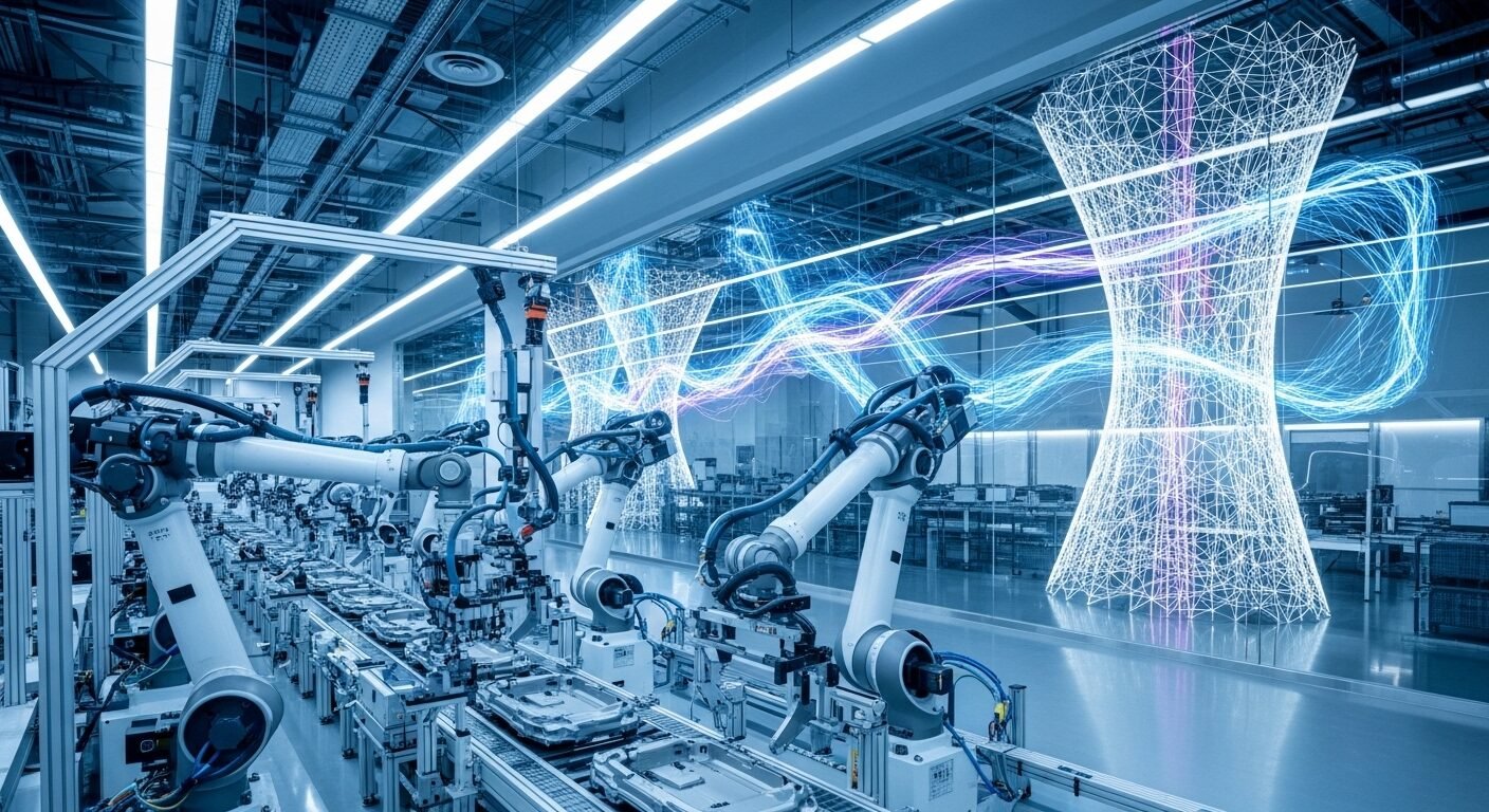 Dây chuyền sản xuất tự động với cánh tay robot trong nhà máy hiện đại, cùng luồng dữ liệu sáng tạo, biểu trưng cho sự phát triển công nghệ và các ngành nghề không thất nghiệp trong tương lai. Dây chuyền sản xuất tự động với cánh tay robot trong nhà máy hiện đại, cùng luồng dữ liệu sáng tạo, biểu trưng cho sự phát triển công nghệ và các ngành nghề không thất nghiệp trong tương lai.