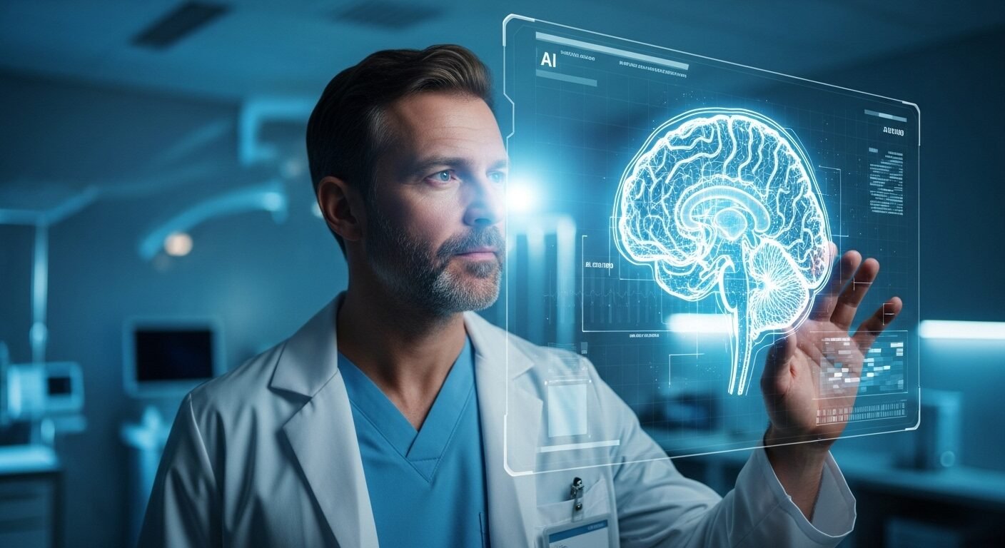 Bác sĩ đang xem ảnh quét 3D y tế trên màn hình holographic với dữ liệu AI hỗ trợ chẩn đoán. Bức ảnh cho thấy vai trò hợp tác của AI trong y học, làm dịu đi lo ngại về ngành nghề bị AI thay thế hoàn toàn.