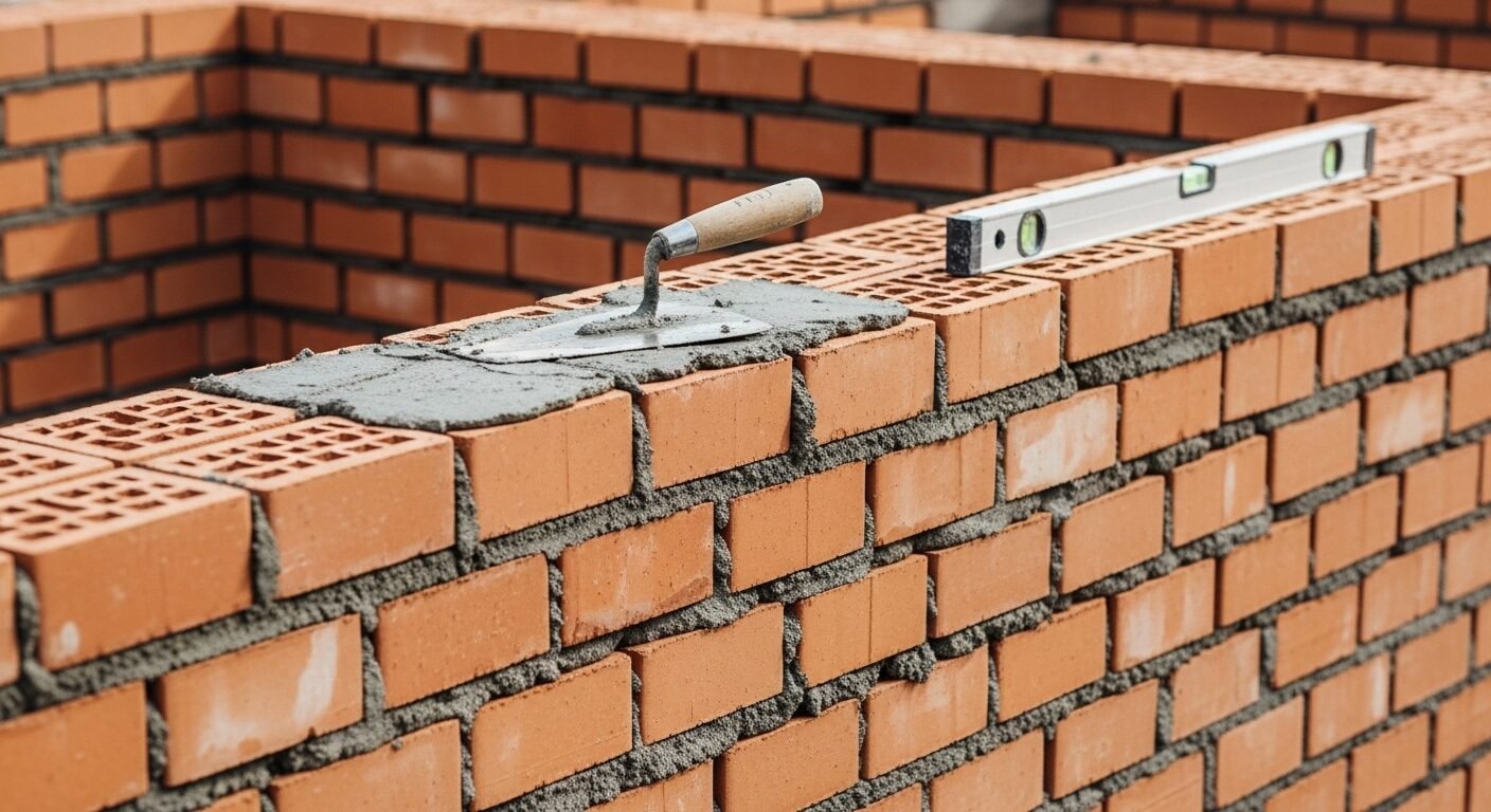 Cận cảnh xây bức tường gạch kiên cố với vữa tươi, bay và thước thủy. Hình ảnh minh họa giá trị của tay nghề tỉ mỉ, gợi ý cho ai đang băn khoăn CHỌN NGHỀ GÌ liên quan đến xây dựng, tạo nền tảng bền vững. Cận cảnh xây bức tường gạch kiên cố với vữa tươi, bay và thước thủy. Hình ảnh minh họa giá trị của tay nghề tỉ mỉ, gợi ý cho ai đang băn khoăn CHỌN NGHỀ GÌ liên quan đến xây dựng, tạo nền tảng bền vững.