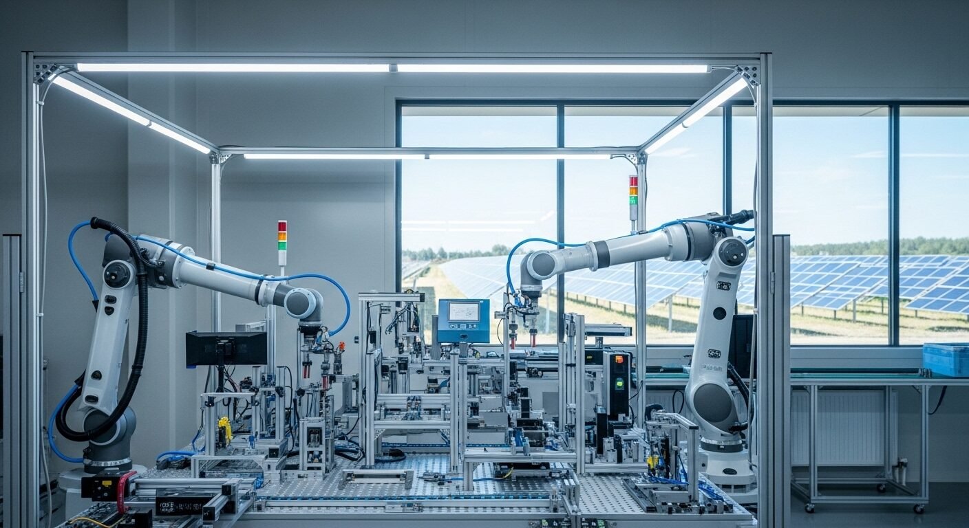 Robot công nghiệp lắp ráp chính xác trong cơ sở sản xuất tự động tiên tiến, sáng sủa, với cánh đồng năng lượng mặt trời phía xa. Đây là hình ảnh đại diện cho các ngành nghề khát nhân lực trong lĩnh vực công nghệ cao và năng lượng tái tạo.