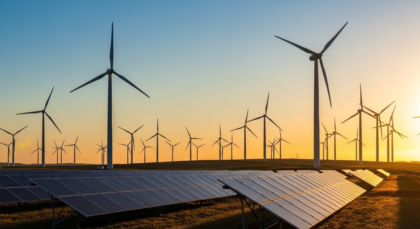 Cánh đồng tuabin gió và dãy pin mặt trời hiện đại rực rỡ dưới ánh bình minh vàng, tượng trưng cho những ngành nghề sẽ phát triển trong tương lai trong lĩnh vực năng lượng tái tạo. Cánh đồng tuabin gió và dãy pin mặt trời hiện đại rực rỡ dưới ánh bình minh vàng, tượng trưng cho những ngành nghề sẽ phát triển trong tương lai trong lĩnh vực năng lượng tái tạo.