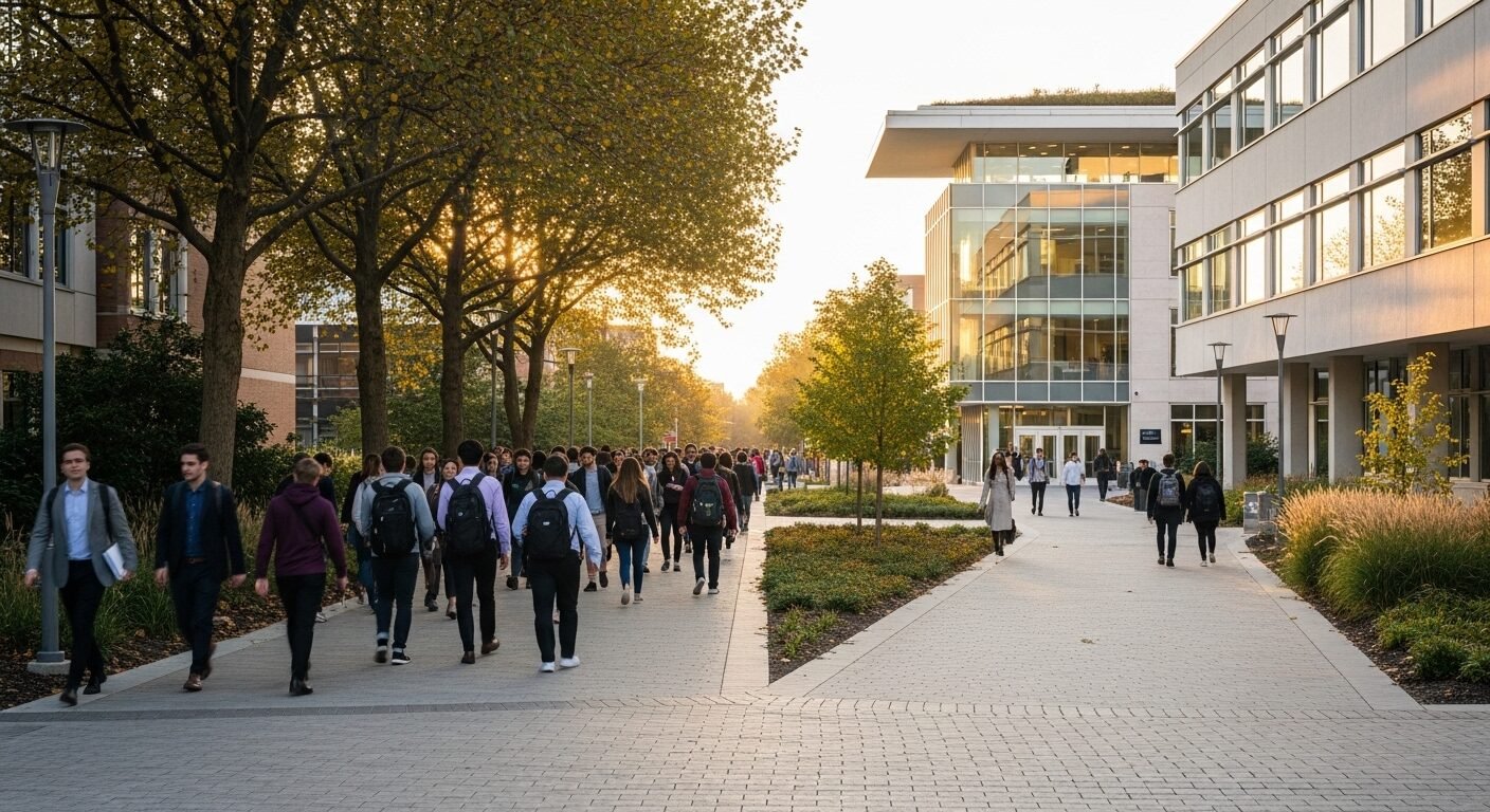 Hai con đường đại học, một đông đúc, một rộng mở, tượng trưng cho các lựa chọn học vấn. Lối đi thoáng đãng dẫn tới tòa nhà hiện đại, thể hiện tiềm năng của ngành dễ đậu cơ hội cao.