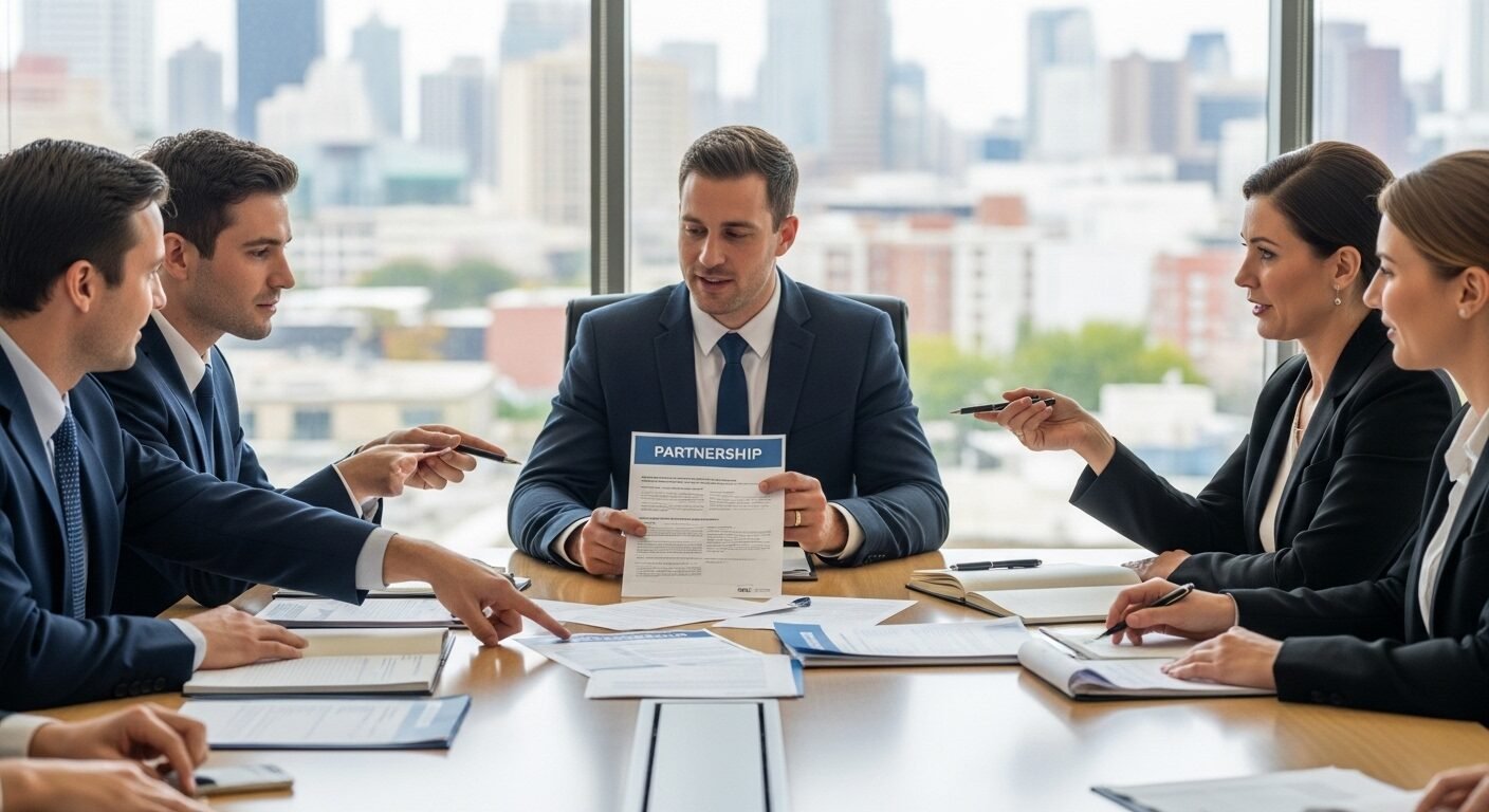 Lãnh đạo trường dạy nghề và doanh nghiệp đang thảo luận thỏa thuận hợp tác trong phòng họp hiện đại, tập trung vào việc nâng cao tỷ lệ học tại doanh nghiệp. Các tài liệu được sắp xếp trên bàn.