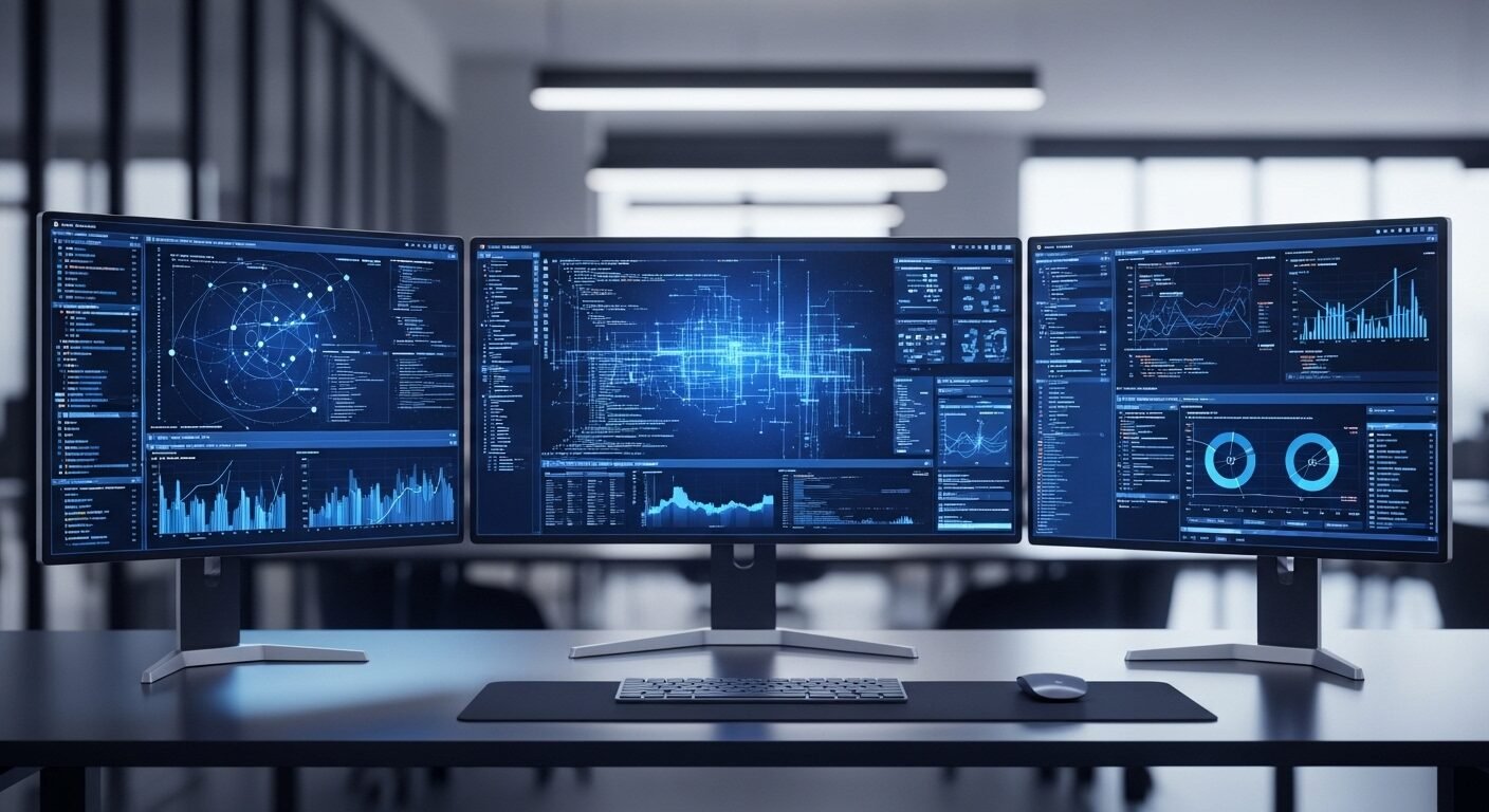 Máy trạm đa màn hình hiển thị mã lập trình và biểu đồ dữ liệu trong văn phòng hiện đại, hình ảnh điển hình cho các ngành nghề khối A về công nghệ. Máy trạm đa màn hình hiển thị mã lập trình và biểu đồ dữ liệu trong văn phòng hiện đại, hình ảnh điển hình cho các ngành nghề khối A về công nghệ.