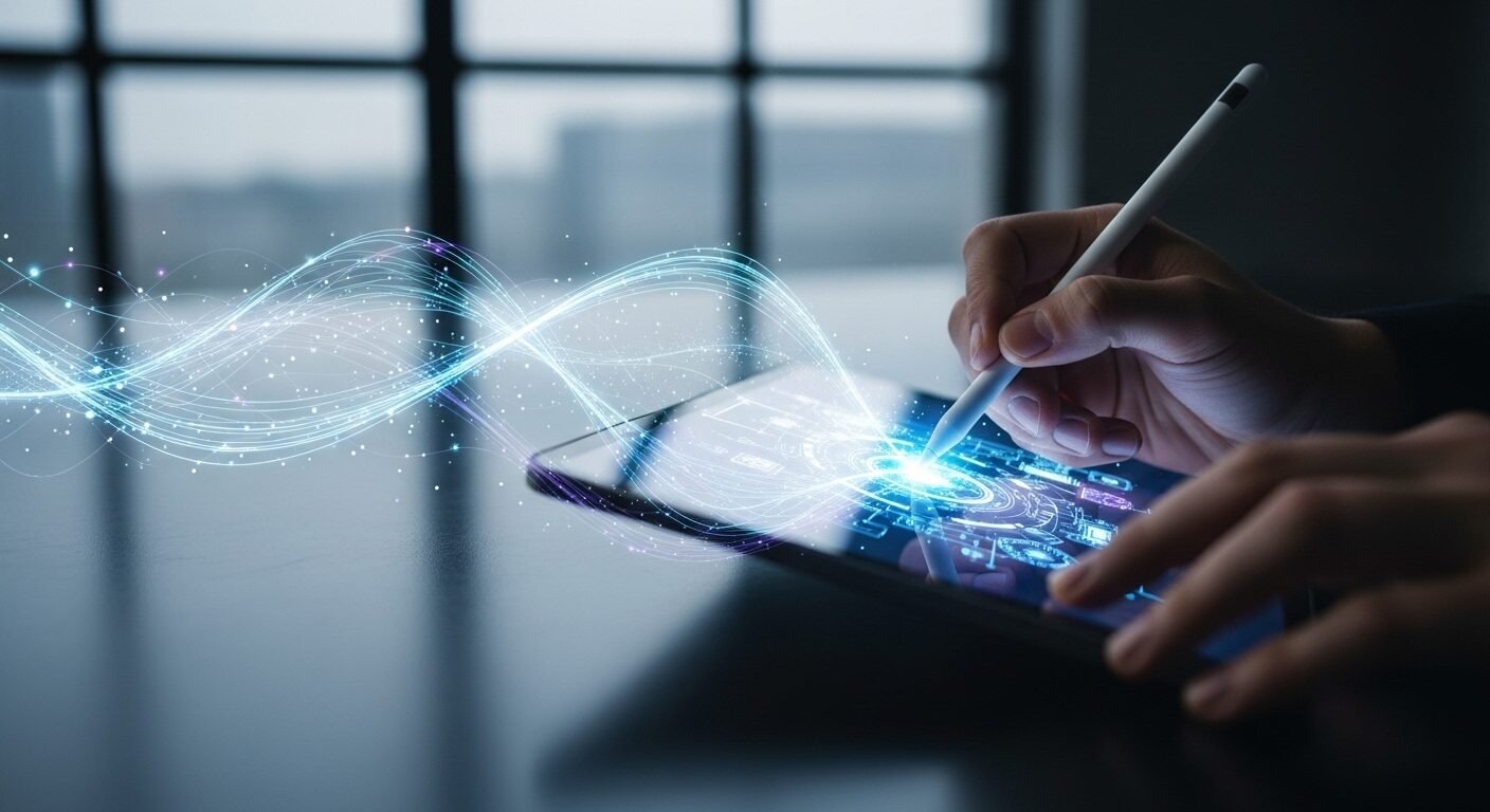 Cận cảnh bàn tay dùng bút kỹ thuật số thiết kế trên máy tính bảng phát sáng, minh họa đổi mới kỹ thuật số. Một ví dụ về AI và tương lai công việc trong sáng tạo số. Cận cảnh bàn tay dùng bút kỹ thuật số thiết kế trên máy tính bảng phát sáng, minh họa đổi mới kỹ thuật số. Một ví dụ về AI và tương lai công việc trong sáng tạo số.