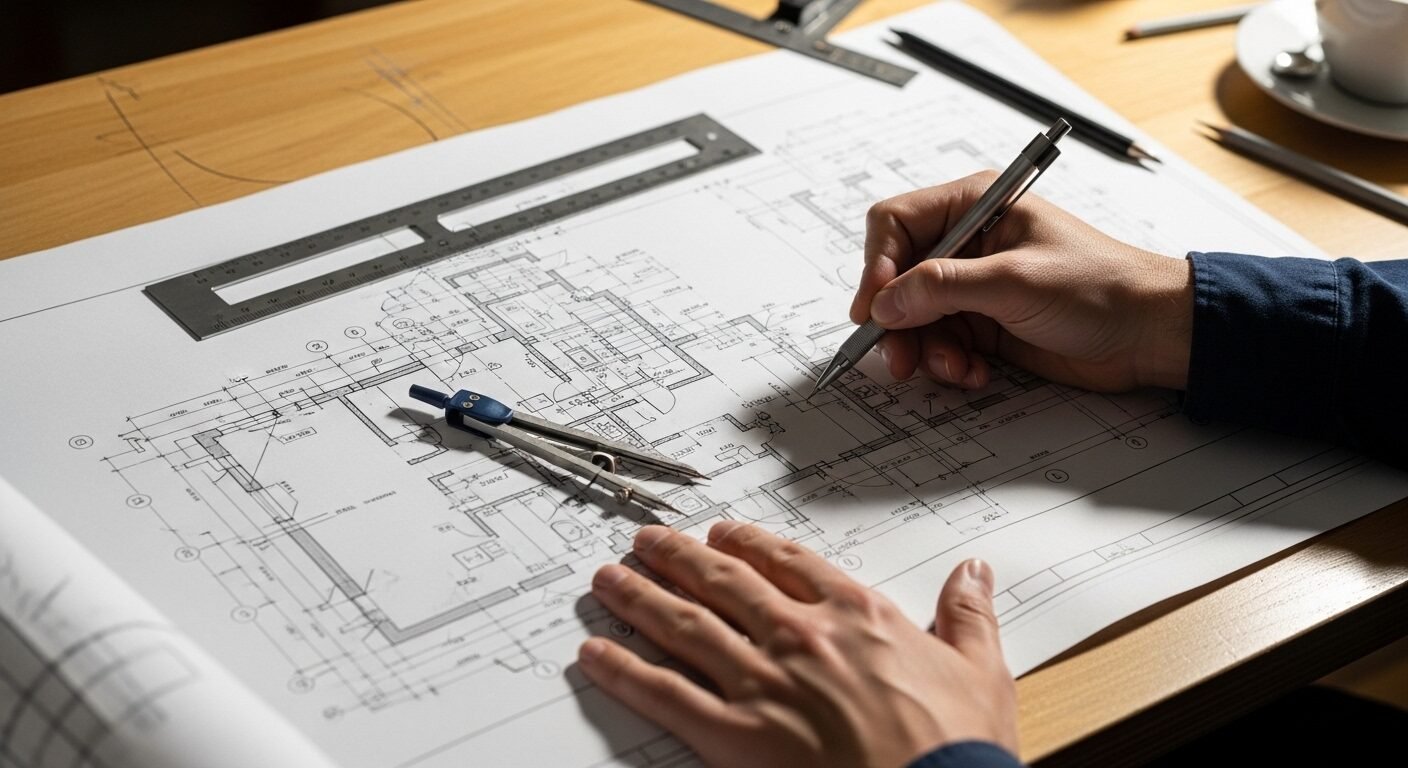 Cận cảnh bàn tay chuyên gia đang tỉ mỉ làm việc trên bản vẽ kiến trúc, với các dụng cụ kỹ thuật như thước T, compa.