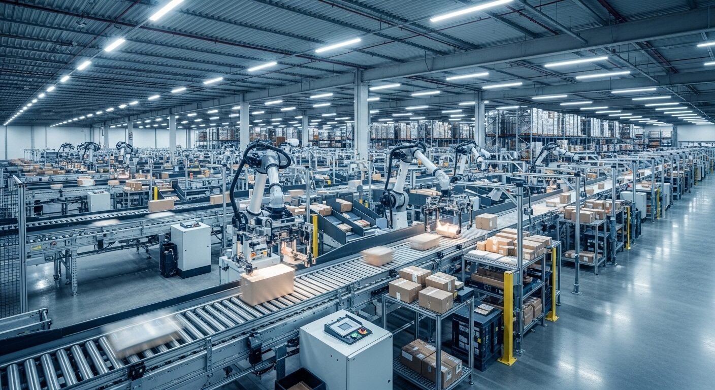 Kho logistics tự động hiện đại với cánh tay robot và hệ thống băng chuyền đang vận hành hiệu quả, một ví dụ điển hình cho ngành nghề có triển vọng.