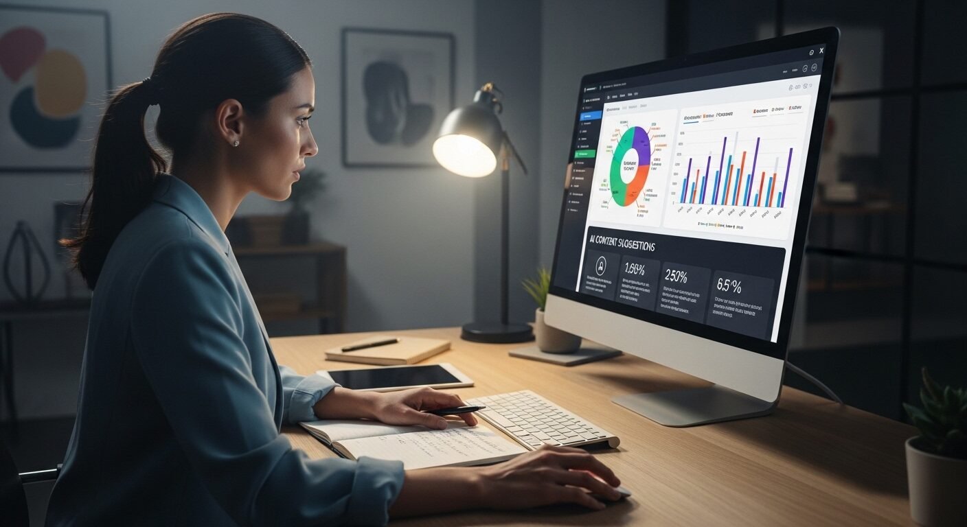 Chuyên gia marketing tập trung phân tích bảng điều khiển kỹ thuật số hiển thị dữ liệu khách hàng và gợi ý nội dung do AI tạo ra, minh họa rõ nét các ngành nghề hưởng lợi từ AI. Chuyên gia marketing tập trung phân tích bảng điều khiển kỹ thuật số hiển thị dữ liệu khách hàng và gợi ý nội dung do AI tạo ra, minh họa rõ nét các ngành nghề hưởng lợi từ AI.