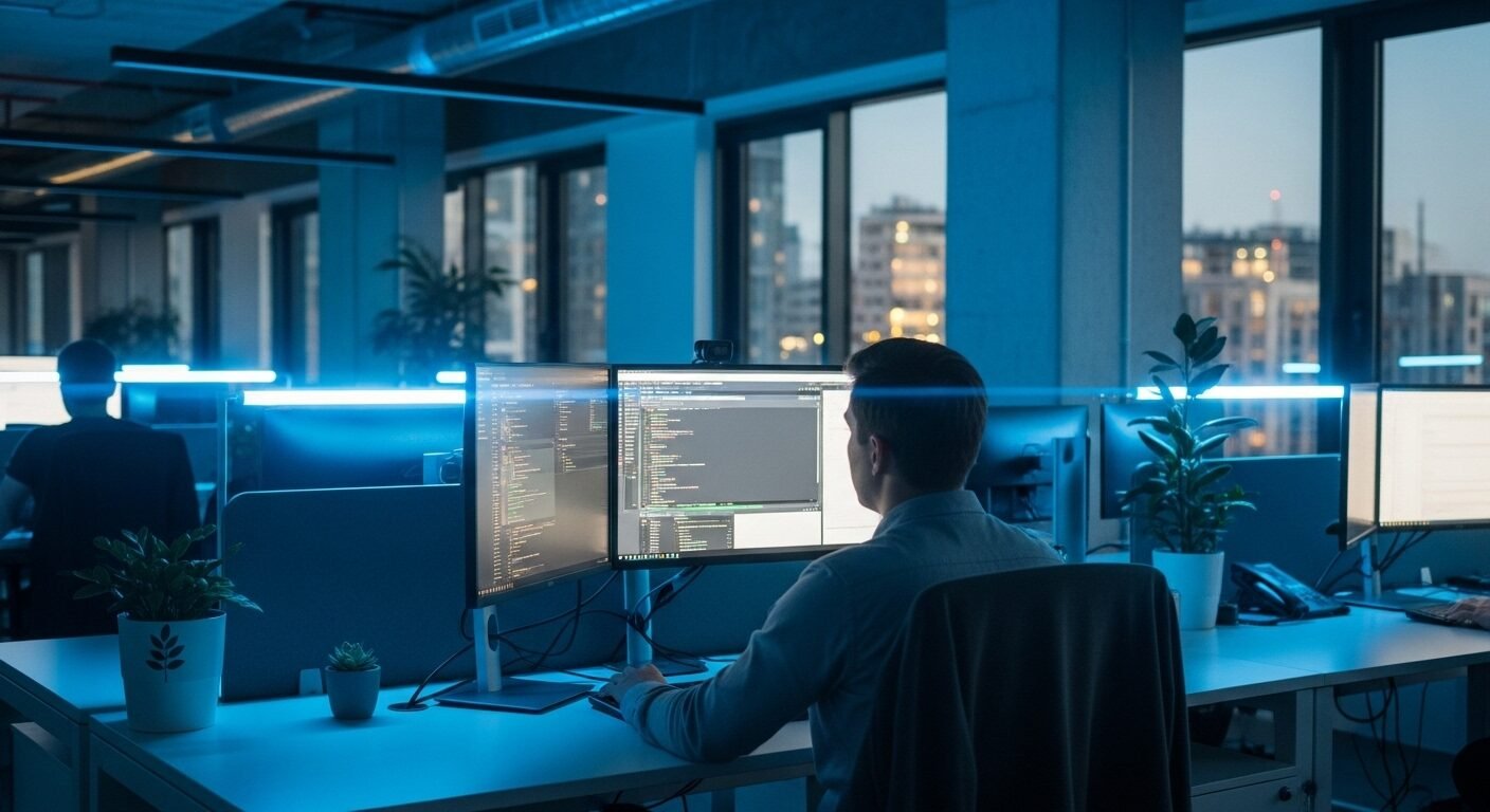 Lập trình viên tập trung làm việc trên nhiều màn hình hiển thị code trong văn phòng công nghệ hiện đại với ánh sáng xanh. Hình ảnh này thể hiện một công việc lương cao và đầy tính đổi mới. Lập trình viên tập trung làm việc trên nhiều màn hình hiển thị code trong văn phòng công nghệ hiện đại với ánh sáng xanh. Hình ảnh này thể hiện một công việc lương cao và đầy tính đổi mới.