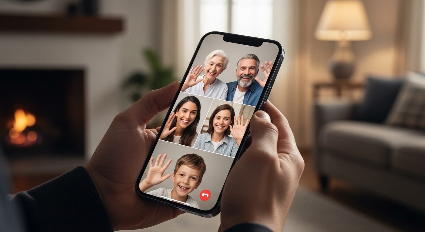 Tay người cầm điện thoại iPhone hiển thị cuộc gọi video sống động với gia đình, trong không gian phòng khách ấm cúng.