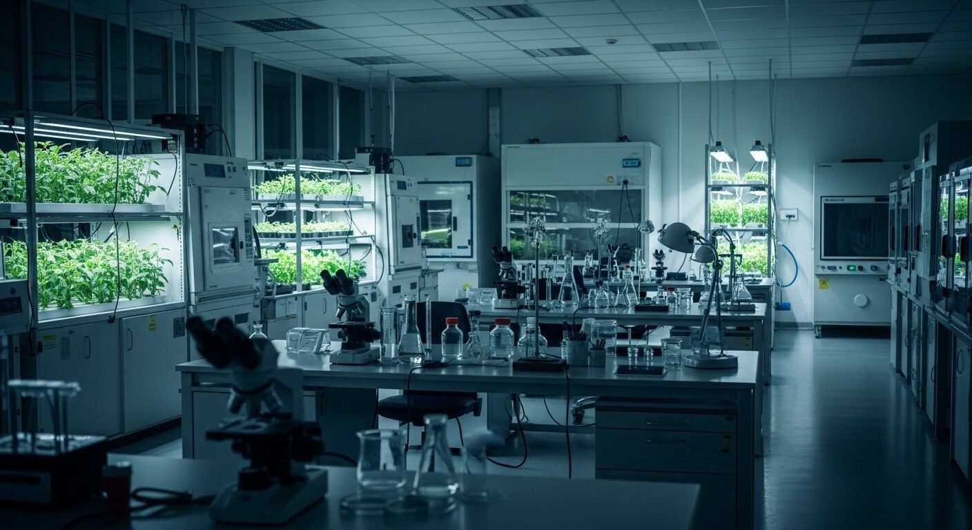 Phòng thí nghiệm nông nghiệp hiện đại, vắng bóng người dù trang bị đầy đủ thiết bị nuôi cấy cây trồng tiên tiến, thể hiện tiềm năng chưa khai thác và vấn đề mất cân đối ngành nghề.