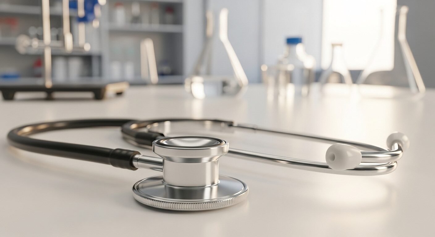 Ống nghe y tế bạc sáng bóng trong phòng lab hiện đại, tượng trưng cho ngành nghề hot và chuyên nghiệp trong lĩnh vực chăm sóc sức khỏe.