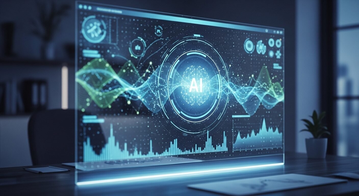 Giao diện kỹ thuật số hiện đại với biểu tượng AI và hình ảnh hóa dữ liệu phát sáng trong văn phòng, minh họa công nghệ hỗ trợ hướng nghiệp tương lai.
