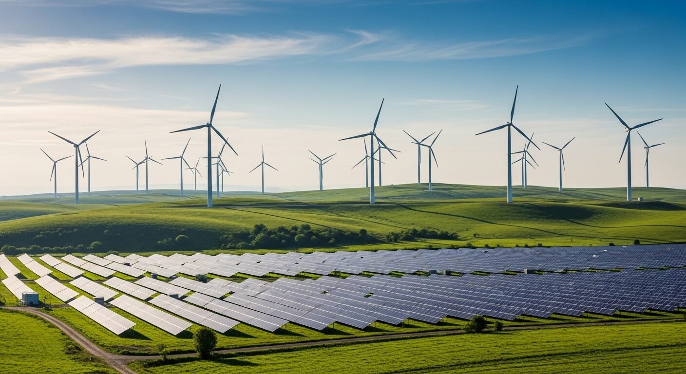 Cảnh quan sản xuất năng lượng sạch hiện đại với tuabin gió và tấm pin mặt trời trên đồi xanh, thể hiện xu hướng phát triển bền vững trong các ngành nghề kinh doanh Vingroup.