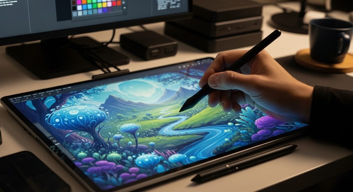 Bàn tay một người làm nghề thiết kế đồ họa đang dùng bút stylus trên bảng vẽ màn hình chuyên nghiệp, tạo hình minh họa phong cảnh sống động. Bàn tay một người làm nghề thiết kế đồ họa đang dùng bút stylus trên bảng vẽ màn hình chuyên nghiệp, tạo hình minh họa phong cảnh sống động.