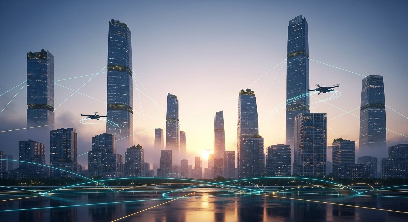 Cảnh quan đô thị tương lai lúc bình minh, với những đường sáng kết nối tượng trưng cho mạng lưới toàn cầu và xu hướng nghề nghiệp hot 2026.