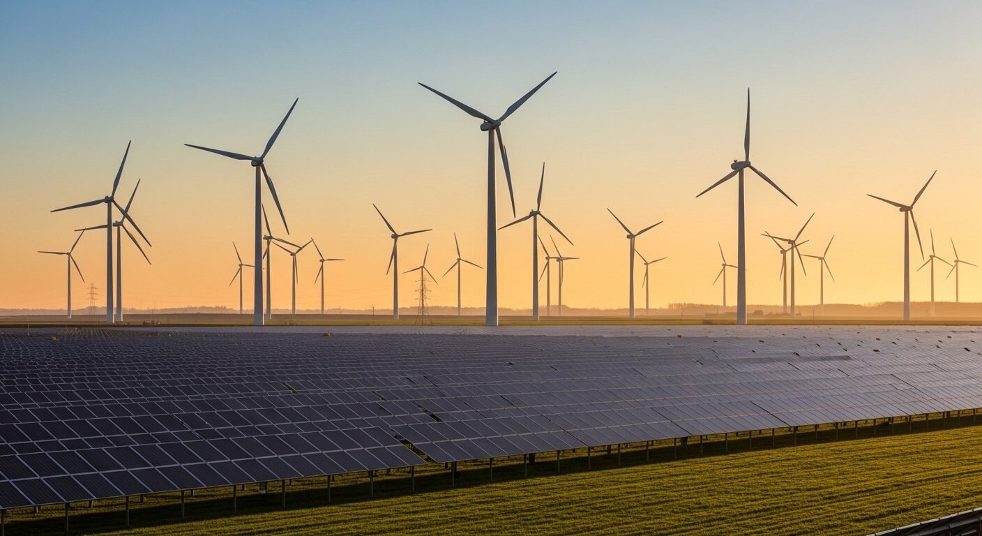 Phong cảnh năng lượng tái tạo hùng vĩ lúc hoàng hôn với tua-bin gió trắng và tấm pin mặt trời xanh trải dài, minh họa tiềm năng các ngành học bền vững, trái ngược với ngành học có nguy cơ thất nghiệp. Phong cảnh năng lượng tái tạo hùng vĩ lúc hoàng hôn với tua-bin gió trắng và tấm pin mặt trời xanh trải dài, minh họa tiềm năng các ngành học bền vững, trái ngược với ngành học có nguy cơ thất nghiệp.