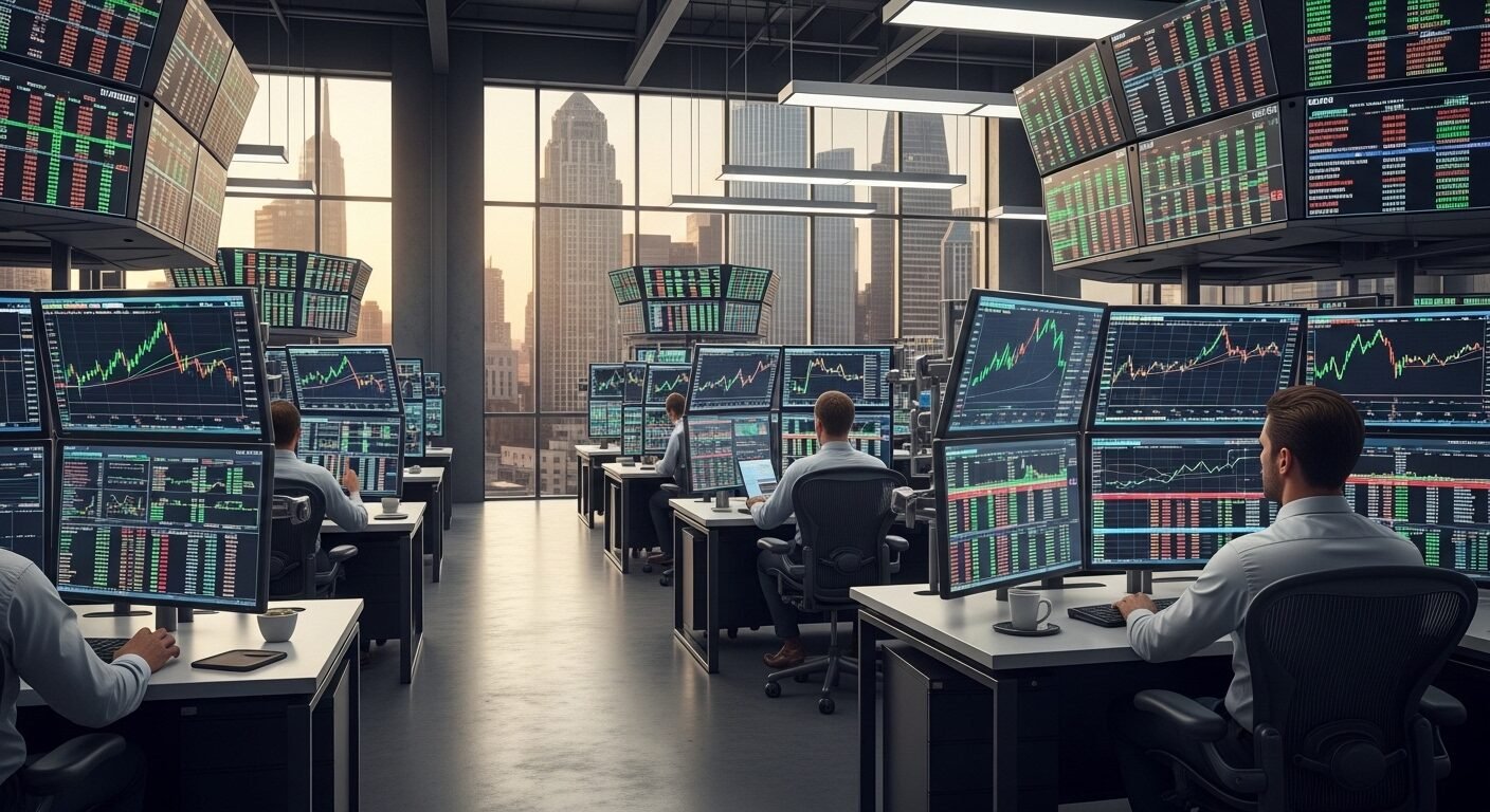 Sàn giao dịch tài chính hiện đại với màn hình lớn hiển thị dữ liệu chứng khoán, nhìn ra thành phố sôi động. Bối cảnh lý tưởng cho các nghề hot 2026 trong phân tích tài chính và công nghệ. Sàn giao dịch tài chính hiện đại với màn hình lớn hiển thị dữ liệu chứng khoán, nhìn ra thành phố sôi động. Bối cảnh lý tưởng cho các nghề hot 2026 trong phân tích tài chính và công nghệ.