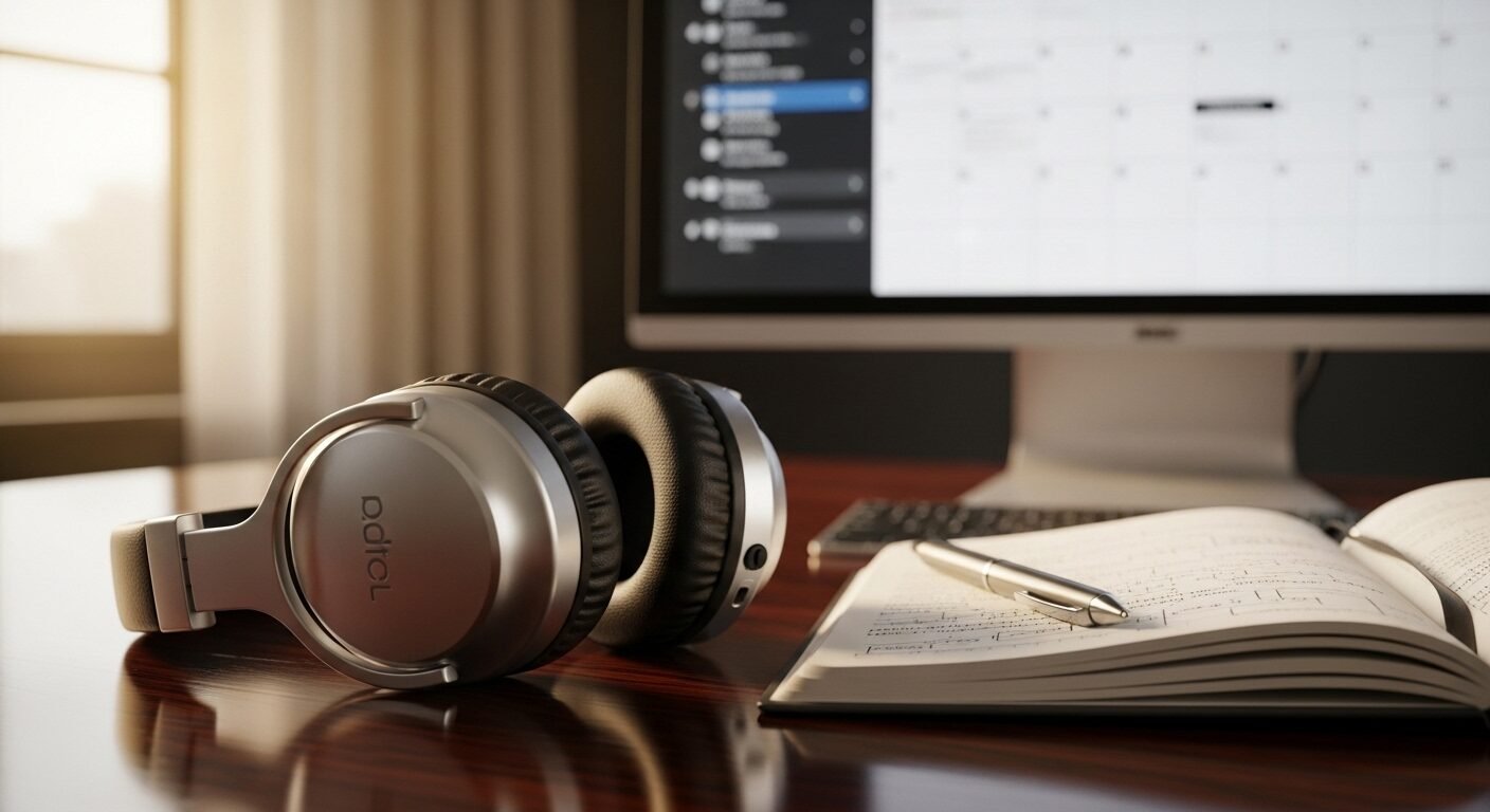 Tai nghe chống ồn, sổ và bút trên bàn làm việc gọn gàng, cùng màn hình máy tính hiển thị lịch, tạo nên không gian lý tưởng cho việc làm tại nhà tập trung và hiệu quả.