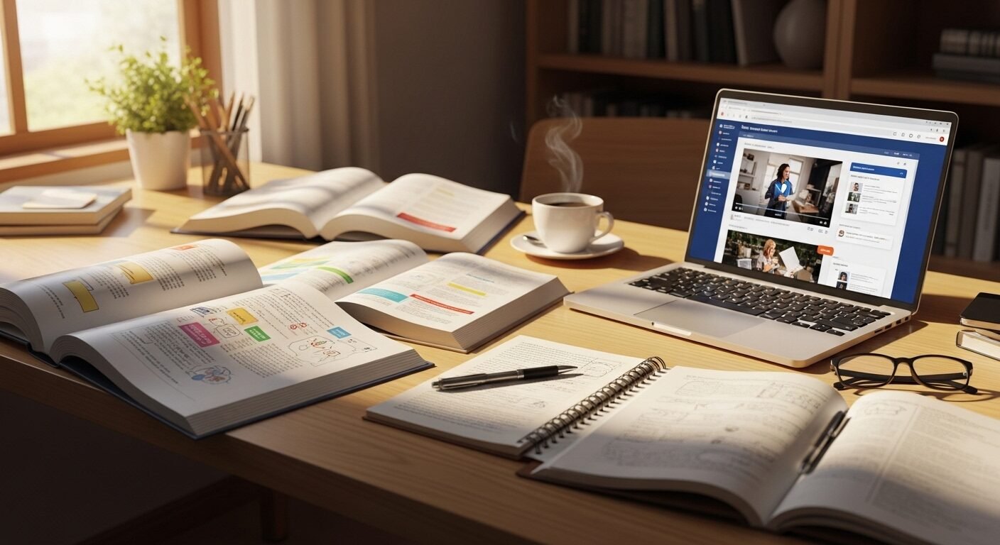 Bàn học sáng sủa tại nhà với sách vở, laptop hiển thị nền tảng học trực tuyến sống động. Không gian lý tưởng để học hỏi và rèn luyện kỹ năng cho các công việc online tại nhà.