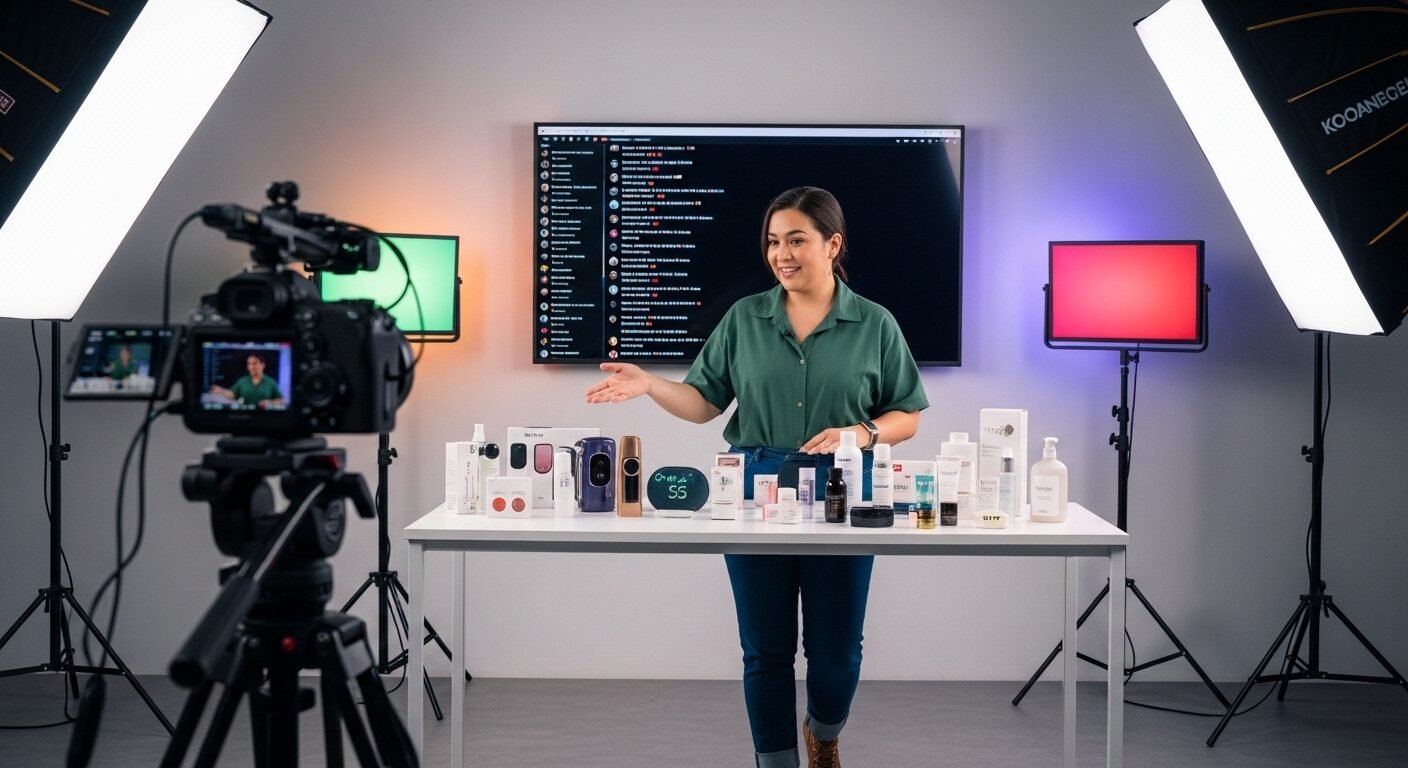 Người đang livestream giới thiệu sản phẩm trong studio chuyên nghiệp, hình ảnh điển hình cho công việc làm thêm tại nhà.