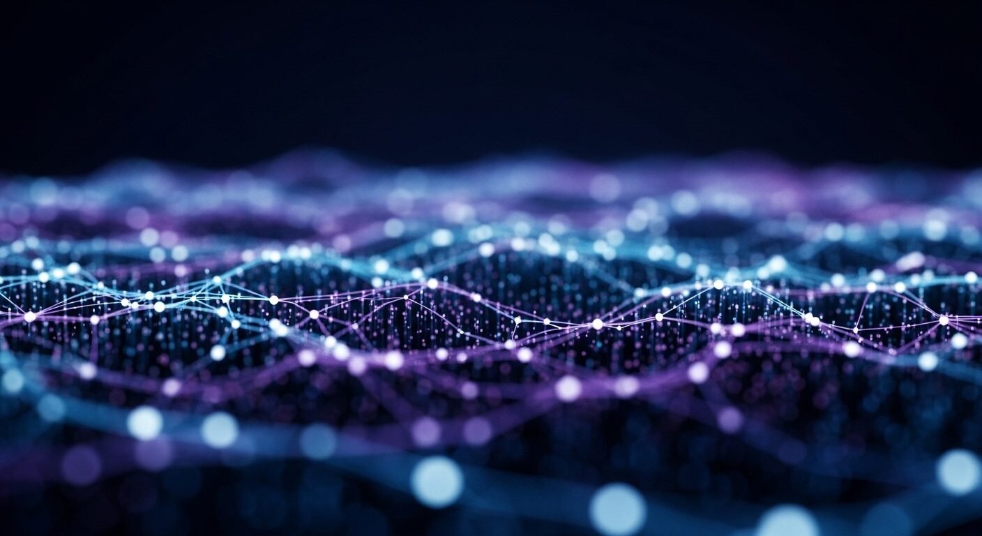 Mạng lưới thần kinh kỹ thuật số với luồng dữ liệu phát sáng màu xanh tím, minh họa công nghệ xử lý thông tin thông minh trên trang tìm việc uy tín. Mạng lưới thần kinh kỹ thuật số với luồng dữ liệu phát sáng màu xanh tím, minh họa công nghệ xử lý thông tin thông minh trên trang tìm việc uy tín.