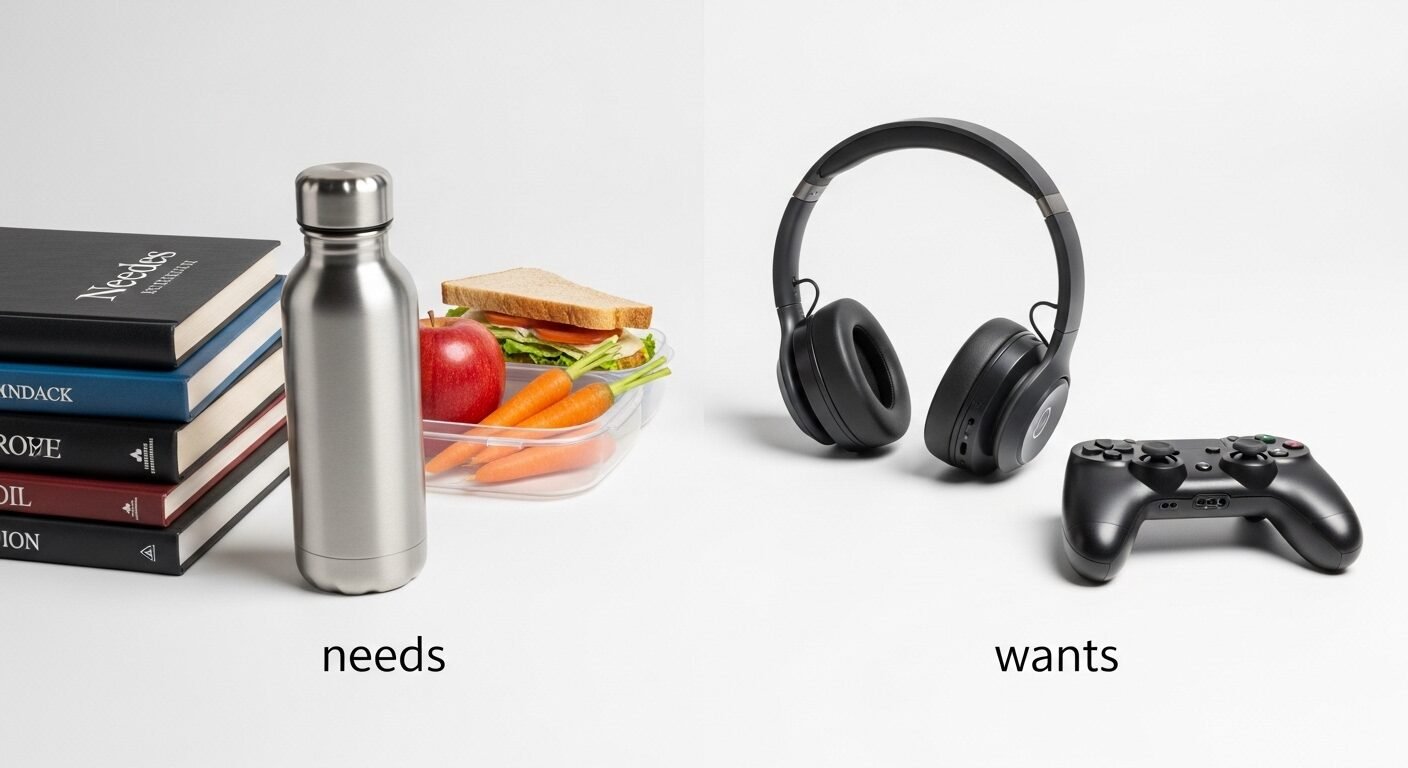 Sách vở, hộp cơm, bình nước (nhu cầu) và tai nghe, tay cầm game (mong muốn) được sắp xếp riêng biệt trên nền trắng. Sách vở, hộp cơm, bình nước (nhu cầu) và tai nghe, tay cầm game (mong muốn) được sắp xếp riêng biệt trên nền trắng.