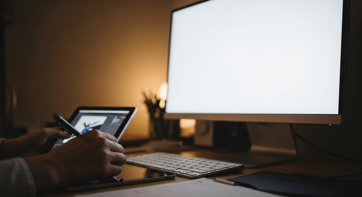 Cận cảnh đôi tay tập trung làm việc trên bảng vẽ kỹ thuật số và bàn phím, thiết kế đồ họa chuyên nghiệp trên màn hình lớn trong phòng ánh sáng dịu nhẹ. Hình ảnh lý tưởng cho việc làm thêm buổi tối sáng tạo.