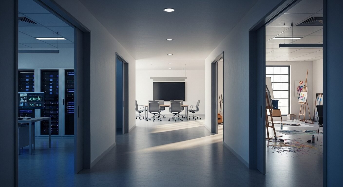 Hành lang hiện đại với nhiều cánh cửa mở, tượng trưng cho vô vàn lựa chọn và cơ hội mới cho Gen Z nhảy việc trên hành trình sự nghiệp.