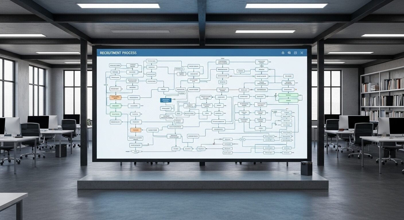 Lưu đồ quy trình tuyển dụng phức tạp trên màn hình lớn, lý giải nguyên nhân ứng viên từ chối offer. Lưu đồ quy trình tuyển dụng phức tạp trên màn hình lớn, lý giải nguyên nhân ứng viên từ chối offer.